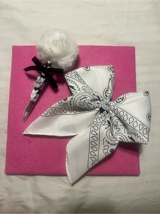 Accessories - Handmade White Paisley Bow Hair Clip and Pom Pom pen Set with Pink Accent
